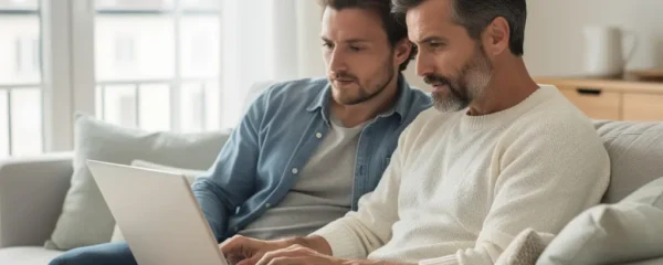 Couple français consultant une simulation de crédit immobilier sur ordinateur portable dans leur salon