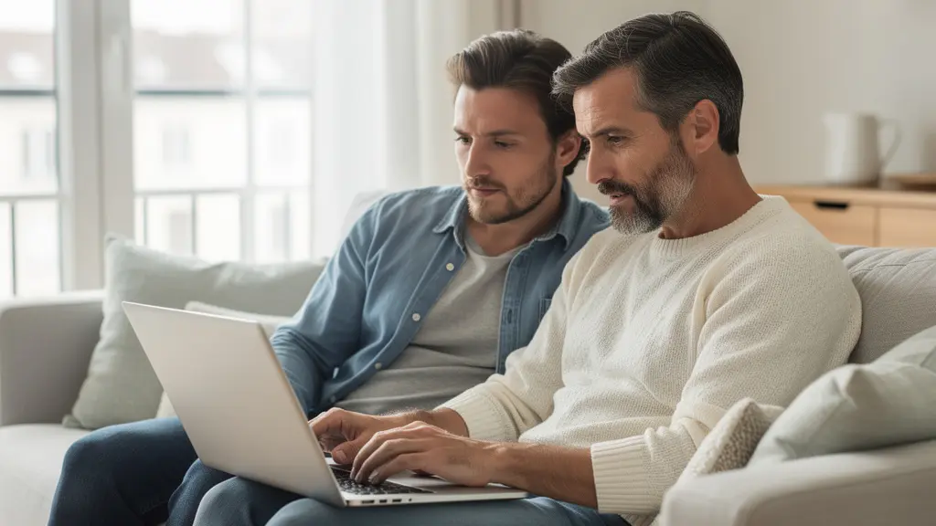 Couple français consultant une simulation de crédit immobilier sur ordinateur portable dans leur salon
